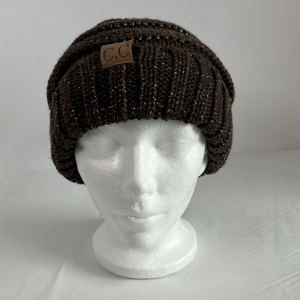 C.C. Beanie Brown with Gold Shimmer Accent One Size Cable Knit Stocking Hat Cap